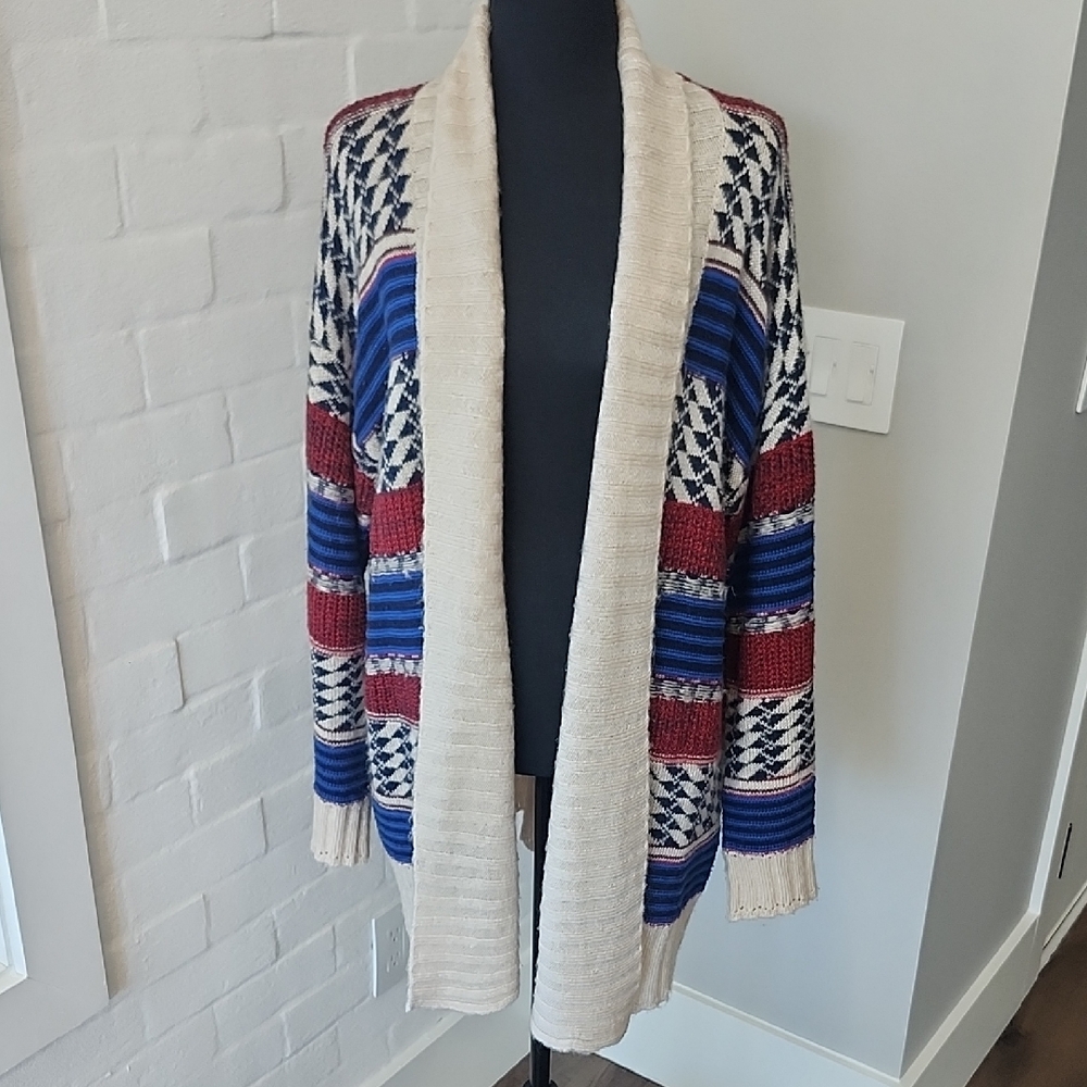 BKE Red, Blue, and Cream Women's Cardigan